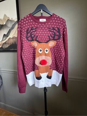 Daisys Boutique Burgundy Reindeer Crewneck Sweater with Red Pom